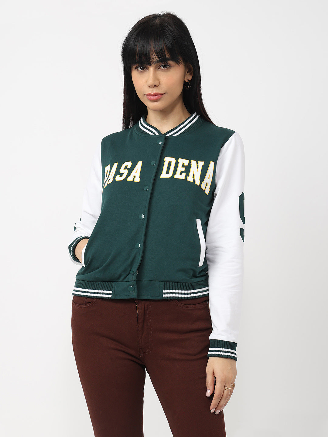 Women Bottle Green/White Varsity Jacket