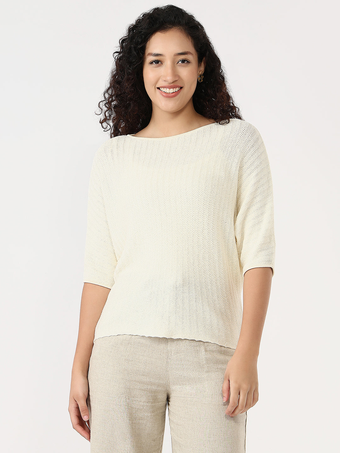 Women Ecru Slim Batsleeve Top