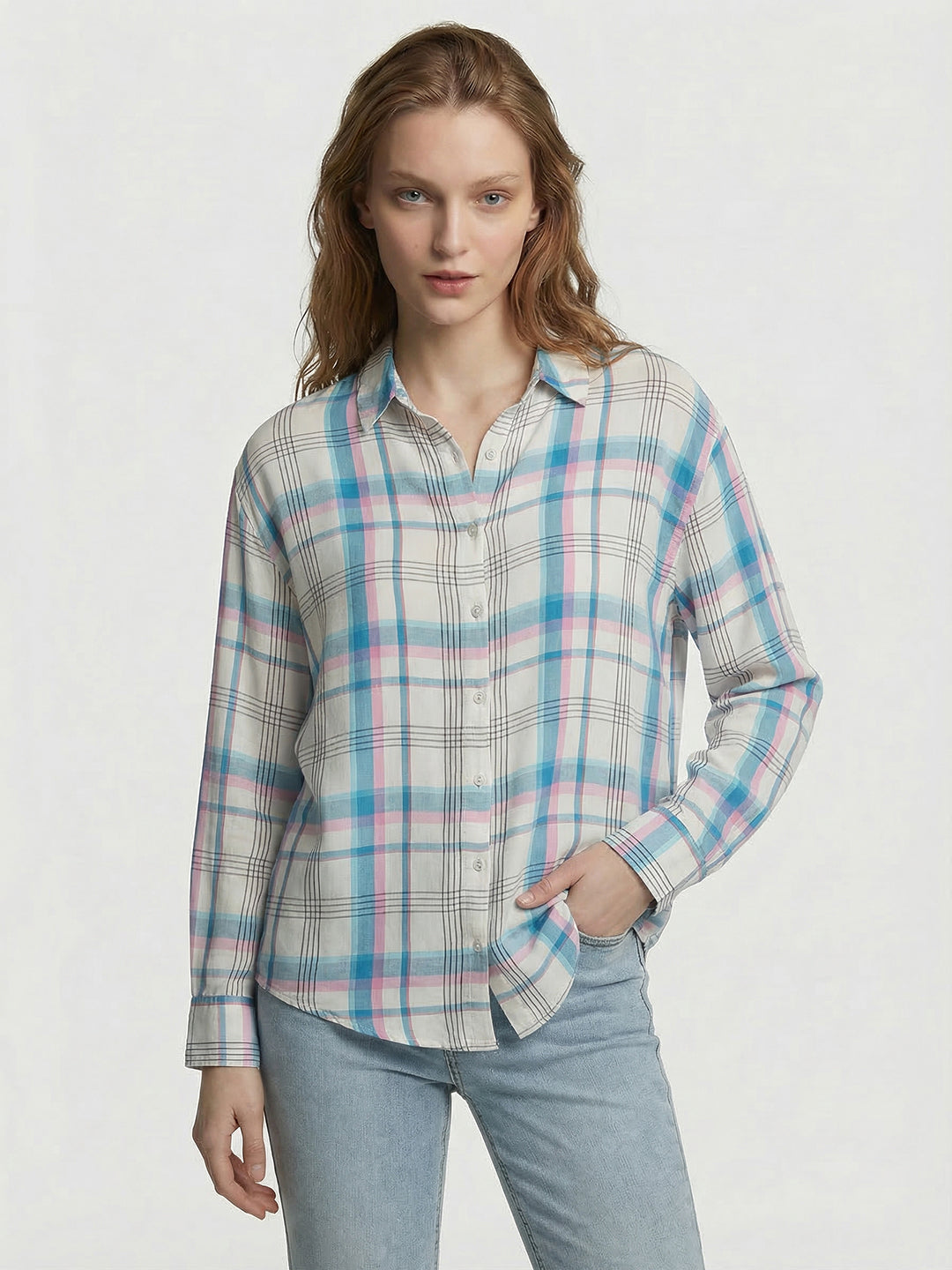 Women Sky/White Checked Oversized Shirt