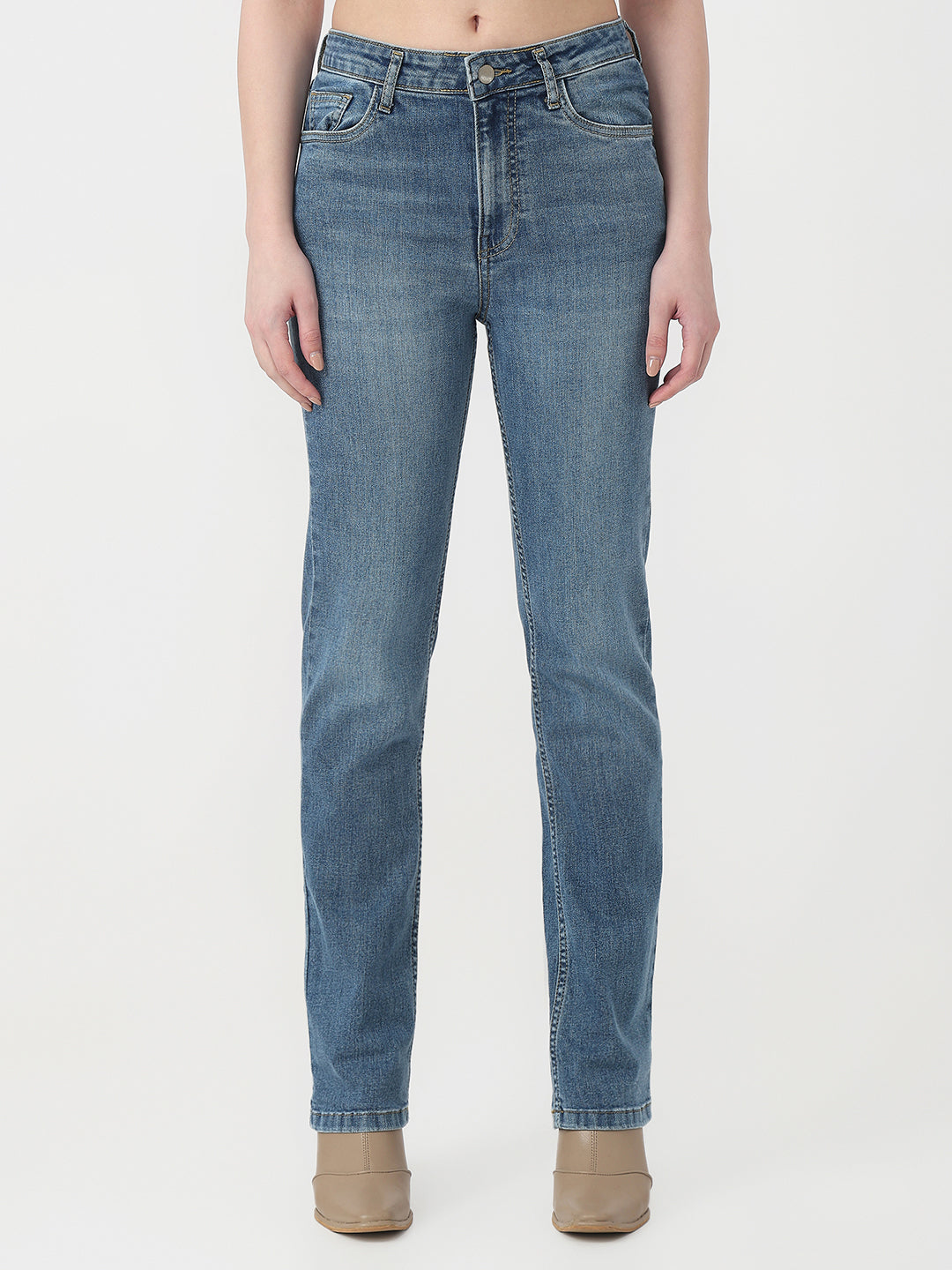 Women Blue High-Rise Slim Straight Jeans