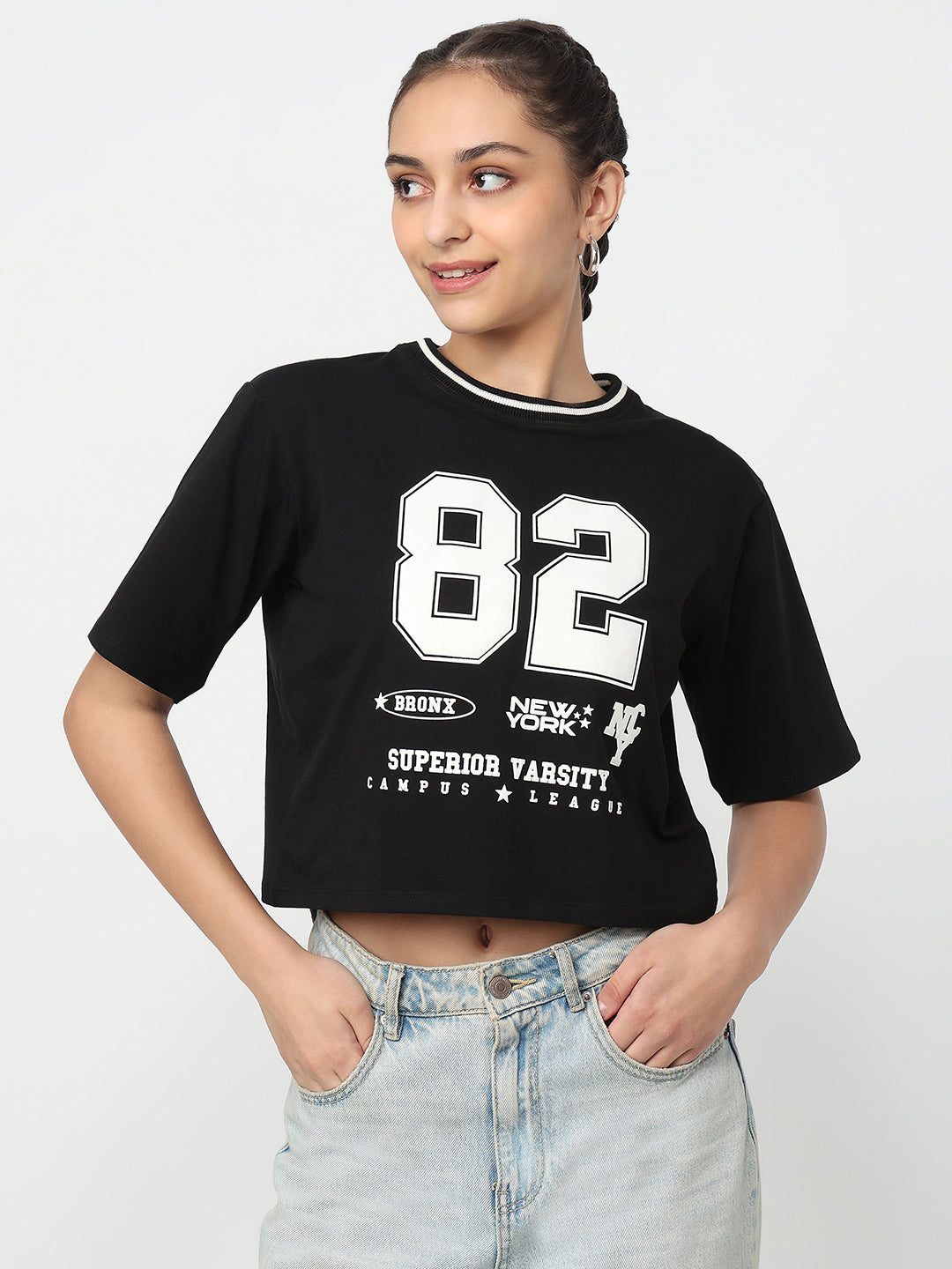 Women Black Crop Graphic Tees