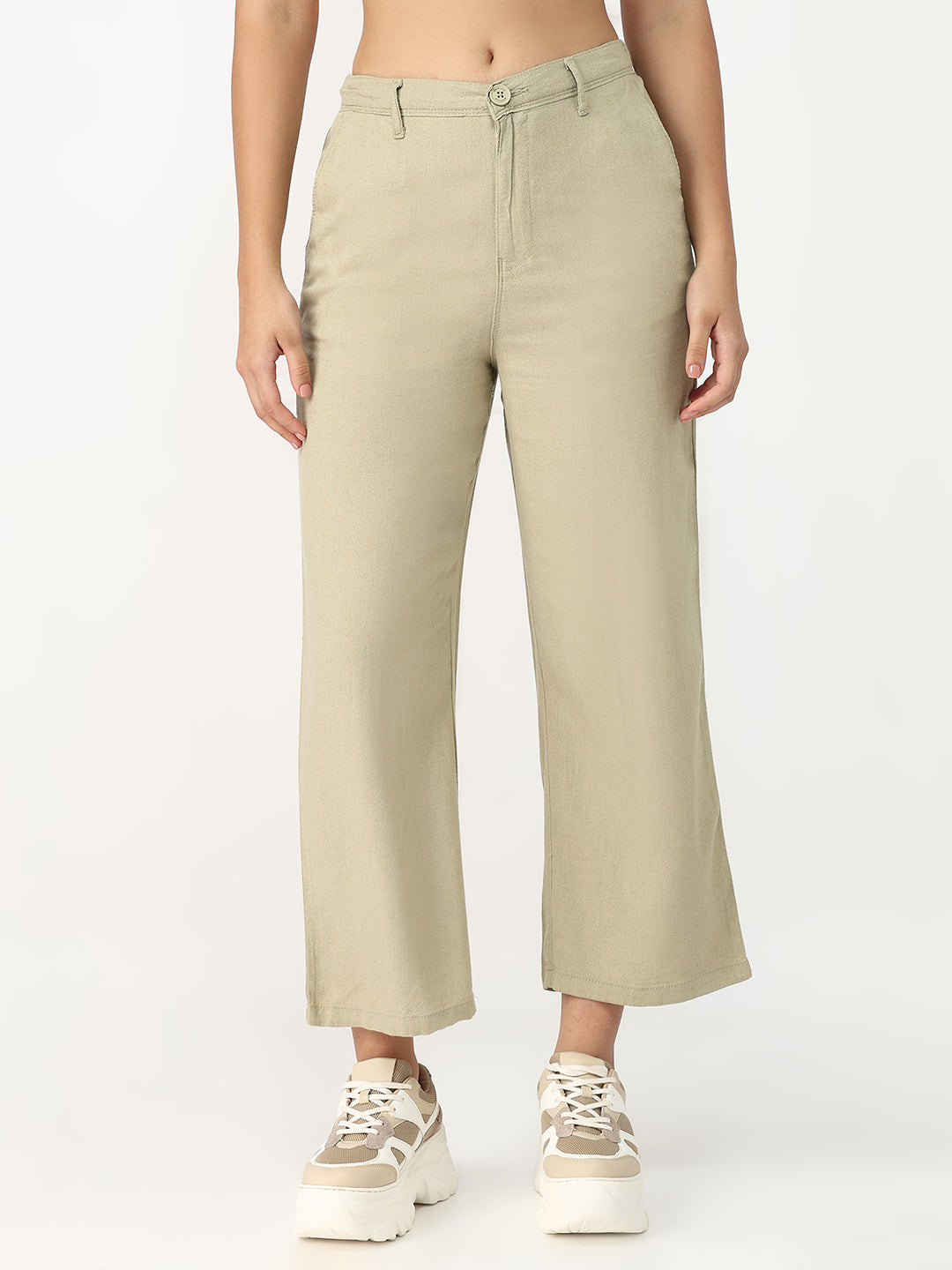 Women Light Olive Crop Wide Leg Trousers