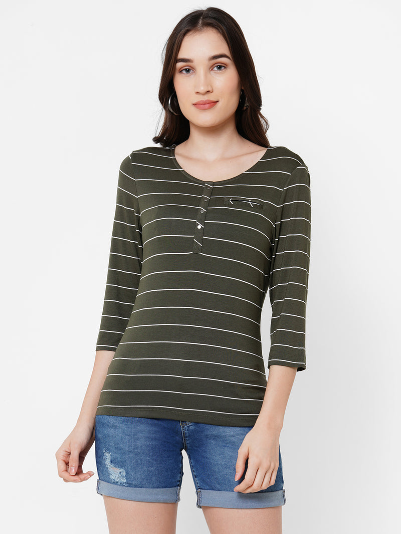 Women Olive Striped Three-Quarter Sleeves T-Shirts