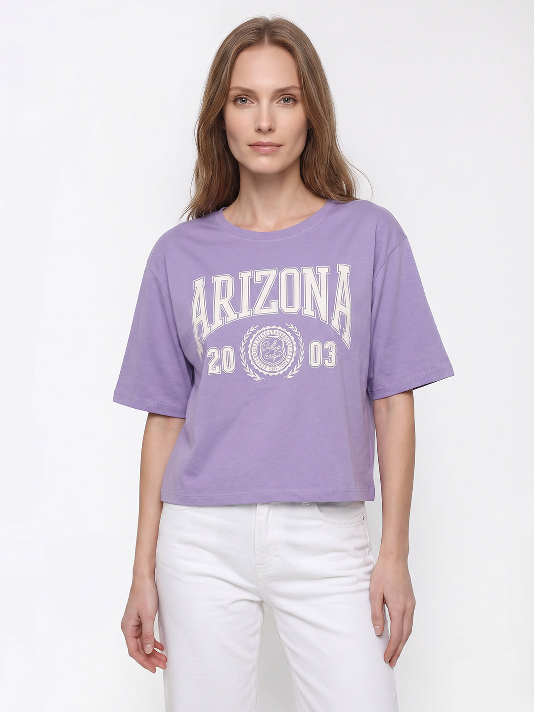 Women Lilac Graphic Crop Tees