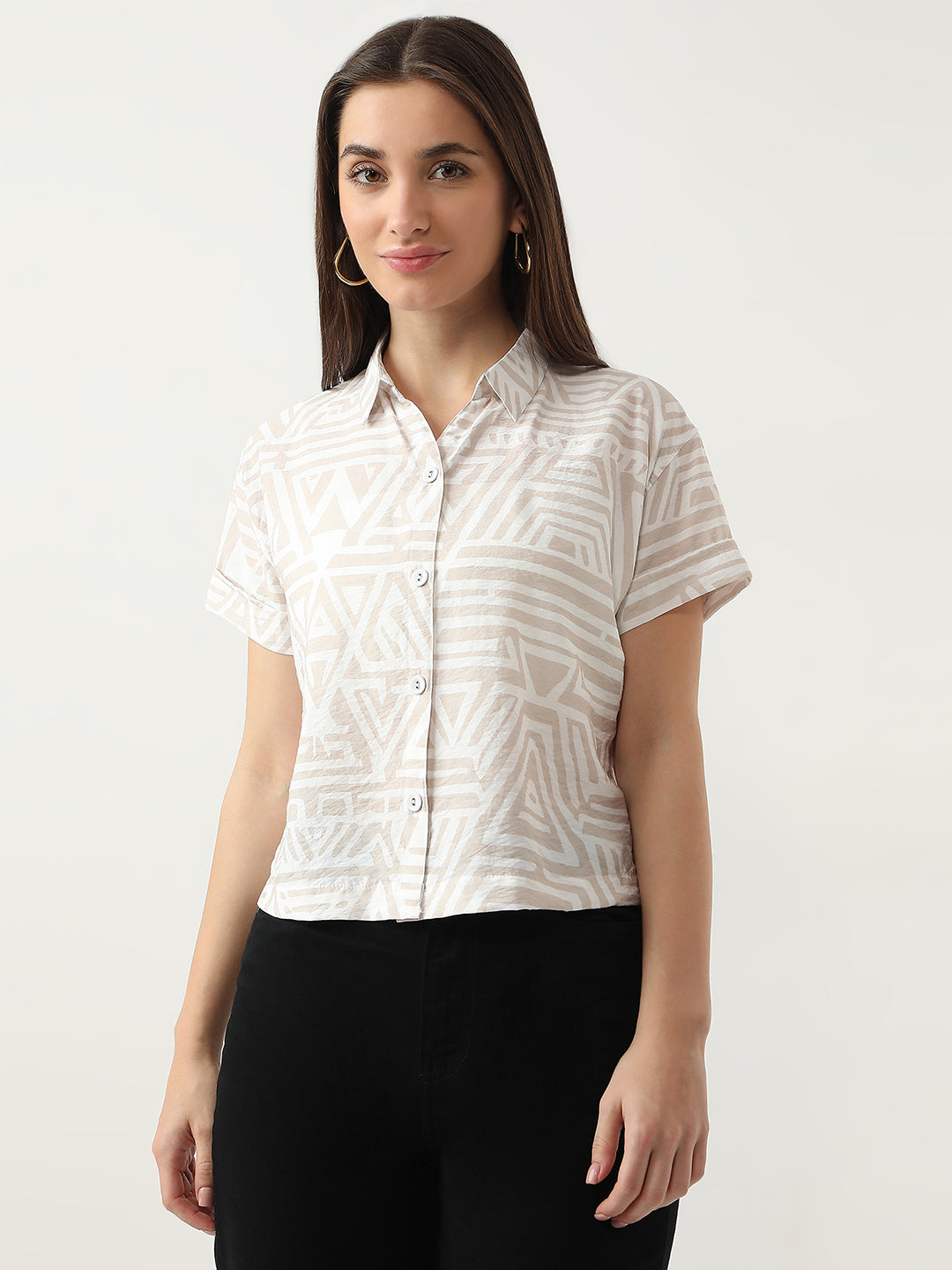 Women Beige/White Crop Shirt