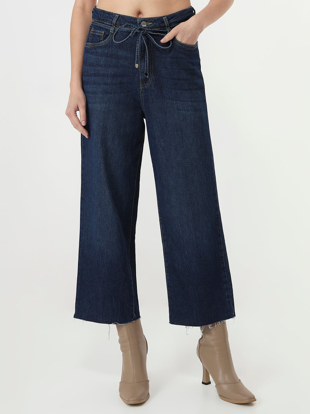 Women Blue Crop Wide Leg Jeans