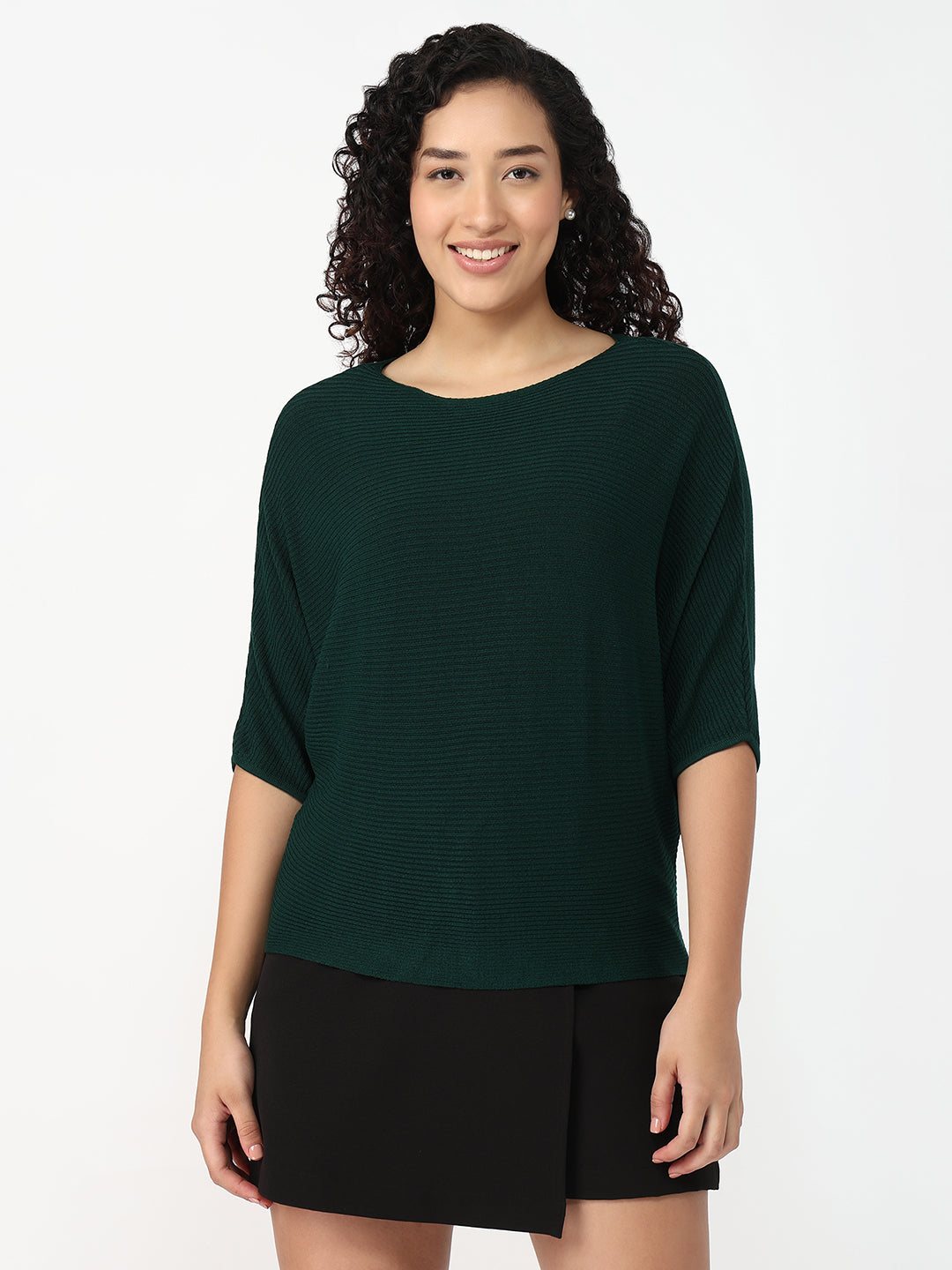 Women Bottle Green Slim Batsleeve Top