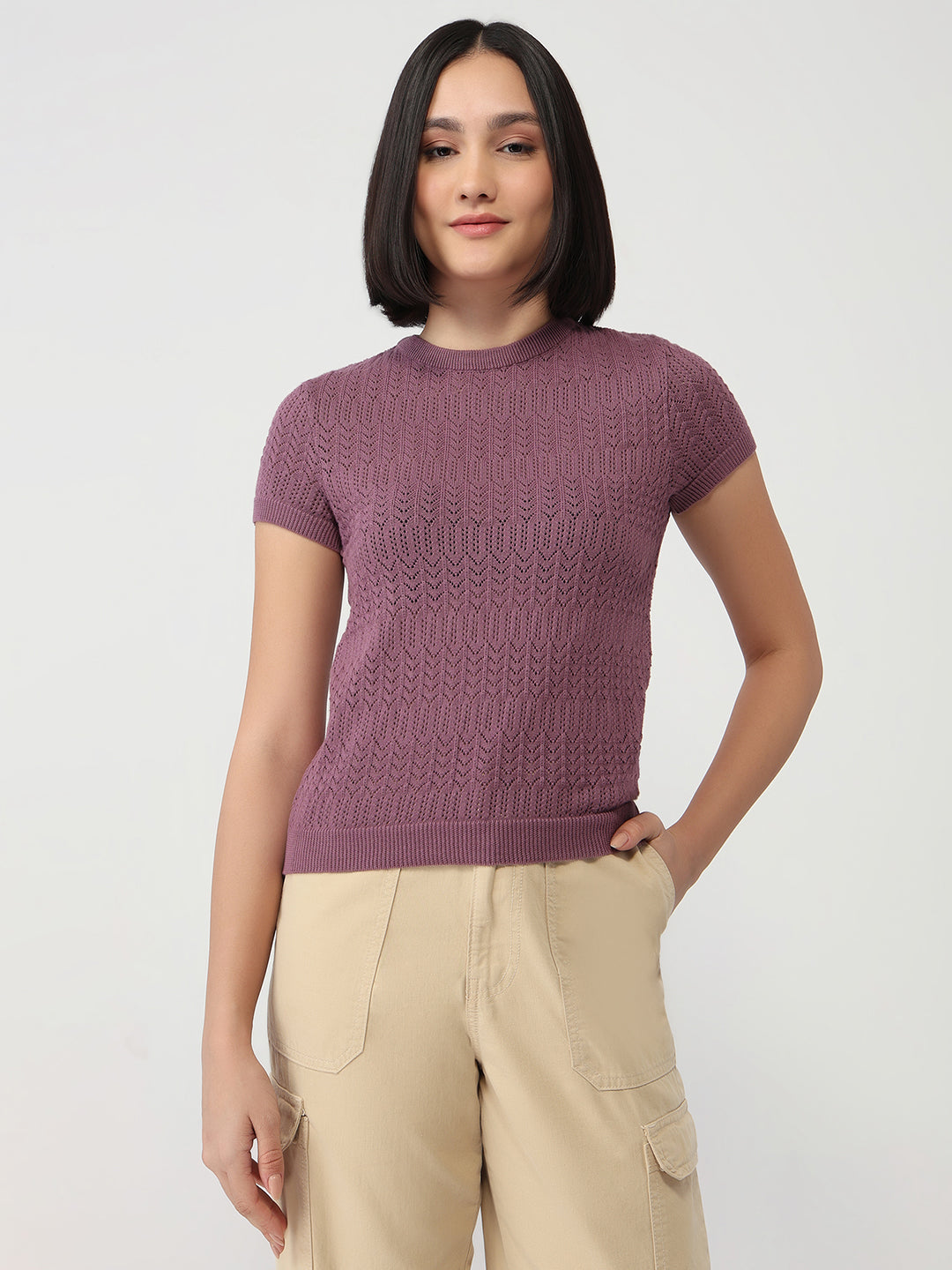 Women Mauve Slim Flat Knit Top