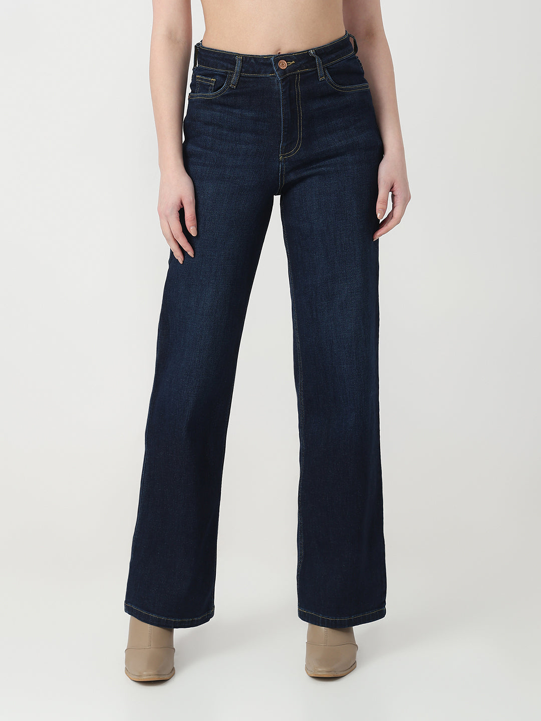 Women Dark Blue High-Rise Wide Leg Jeans
