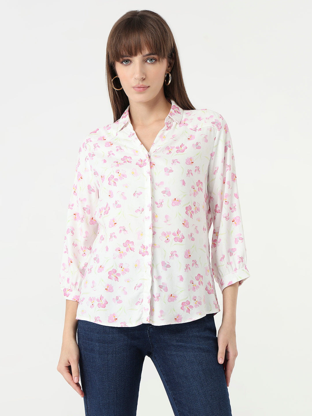 Women Pink Floral Slim Fit Shirt