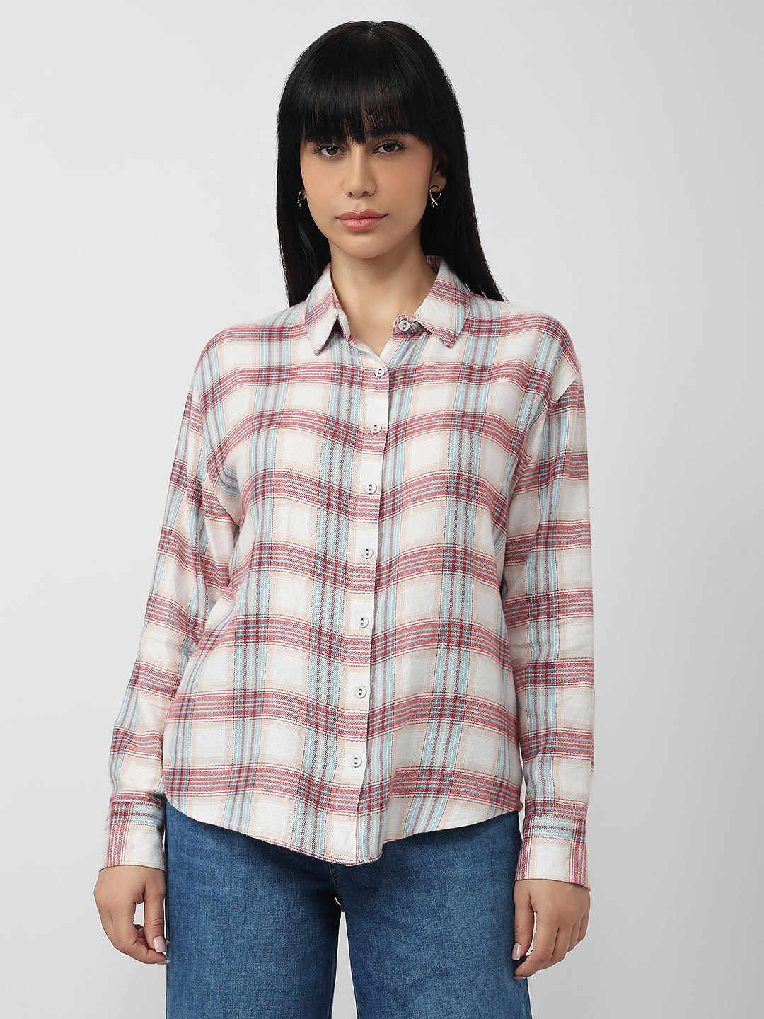 Women Red/Ivory Slim Fit Oversized Shirt