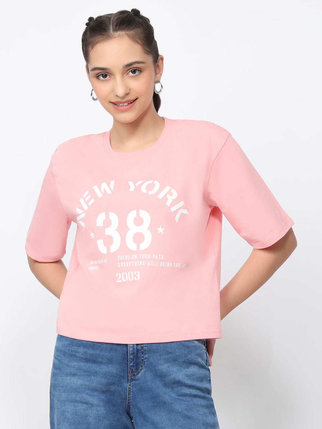 Women Peach Pink Graphic Crop Tees