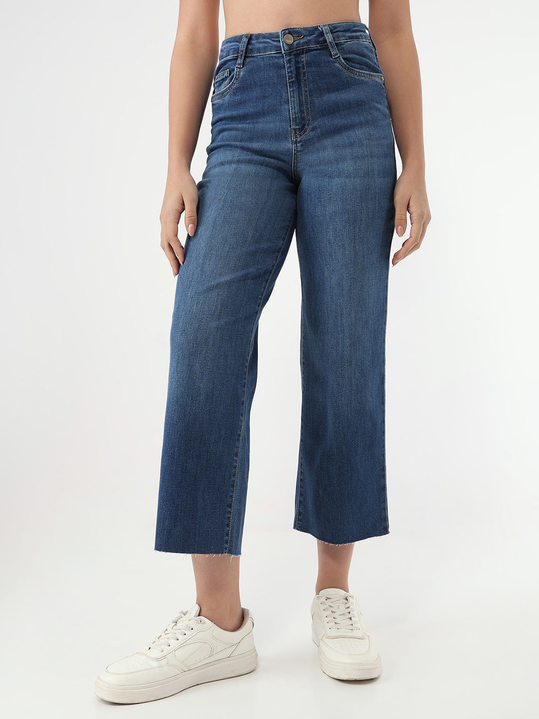Women Blue High-Rise Crop Wide Leg Jeans