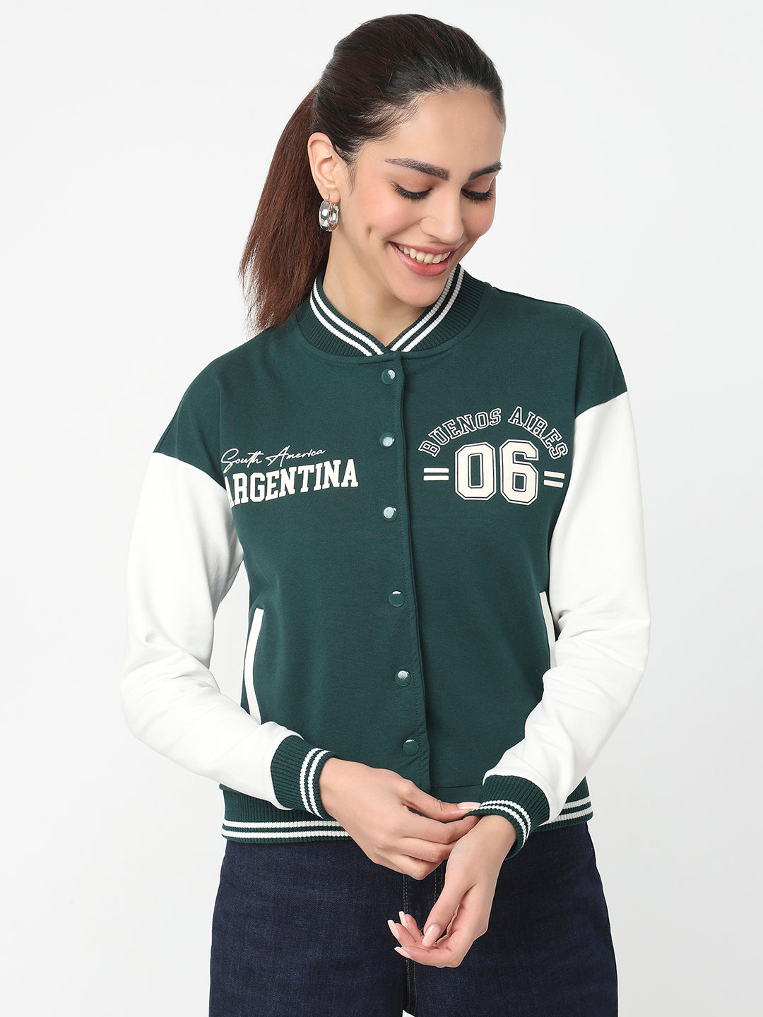 Women Bottle Green/Off White Varsity Jacket