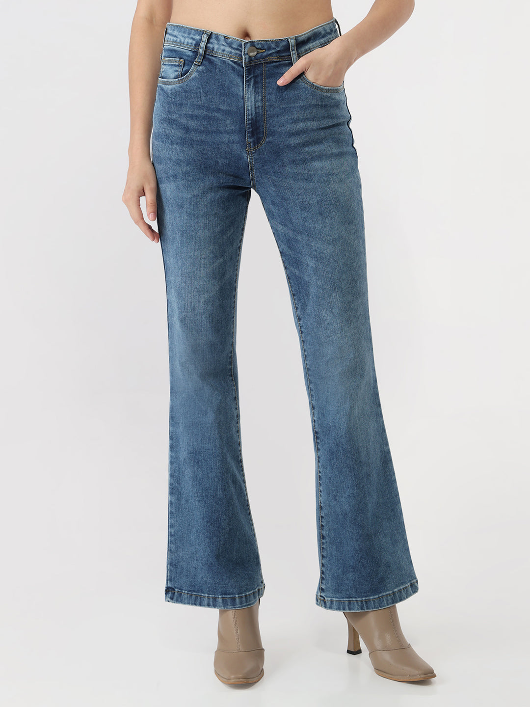 Women Blue High-Rise Mini Flare Jeans