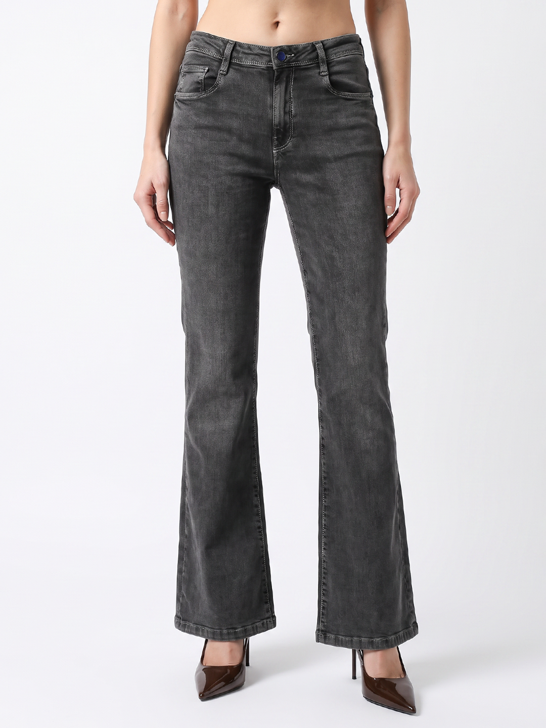 Women Grey High-Rise Flare Jeans