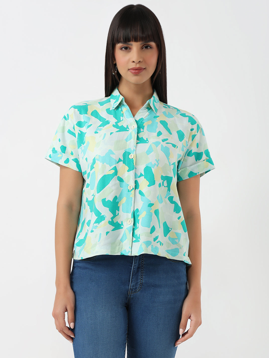 Women Marble Print Crop Shirt