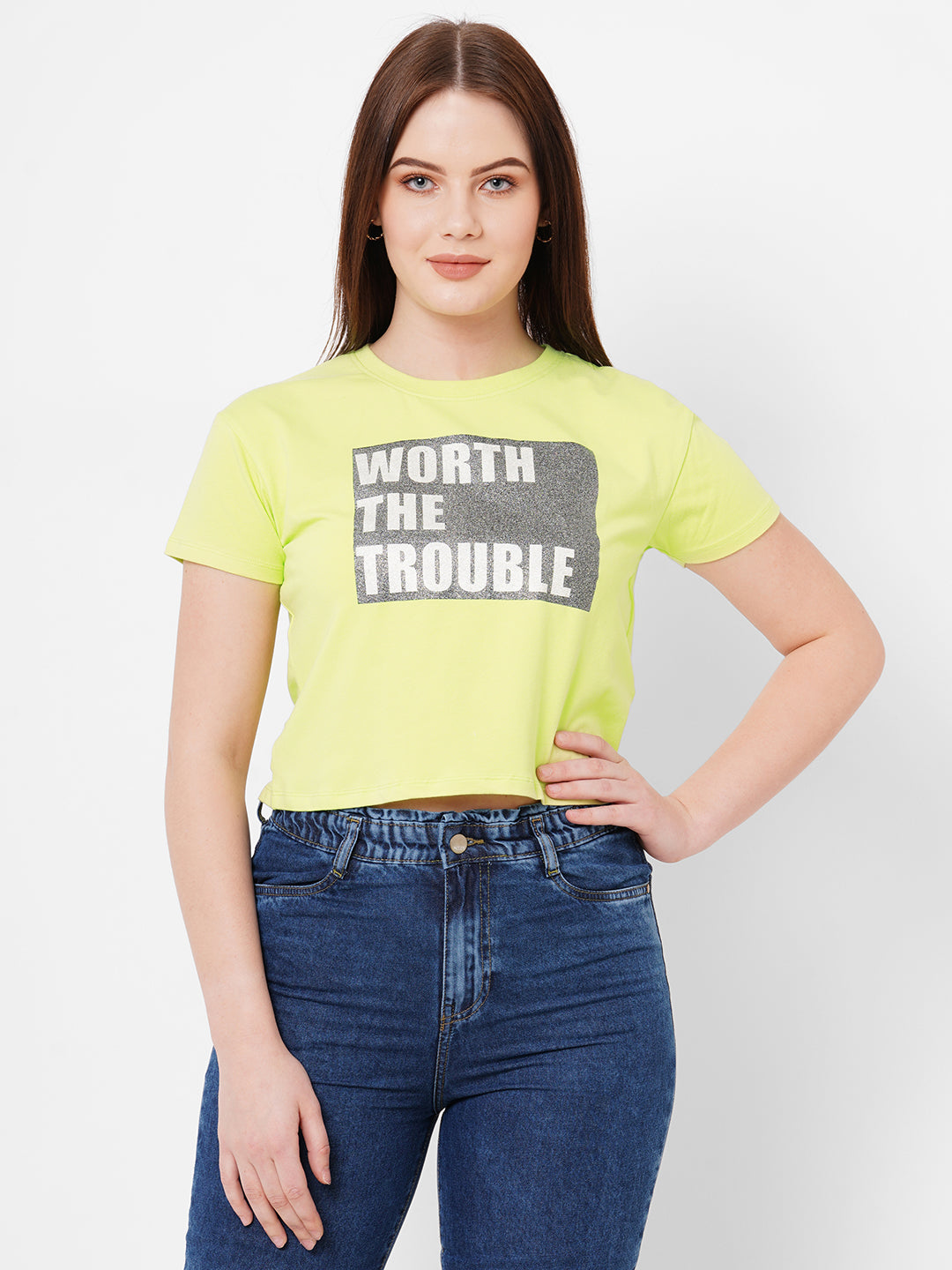 Women Typographic Print Slim Fit Crop T-Shirt