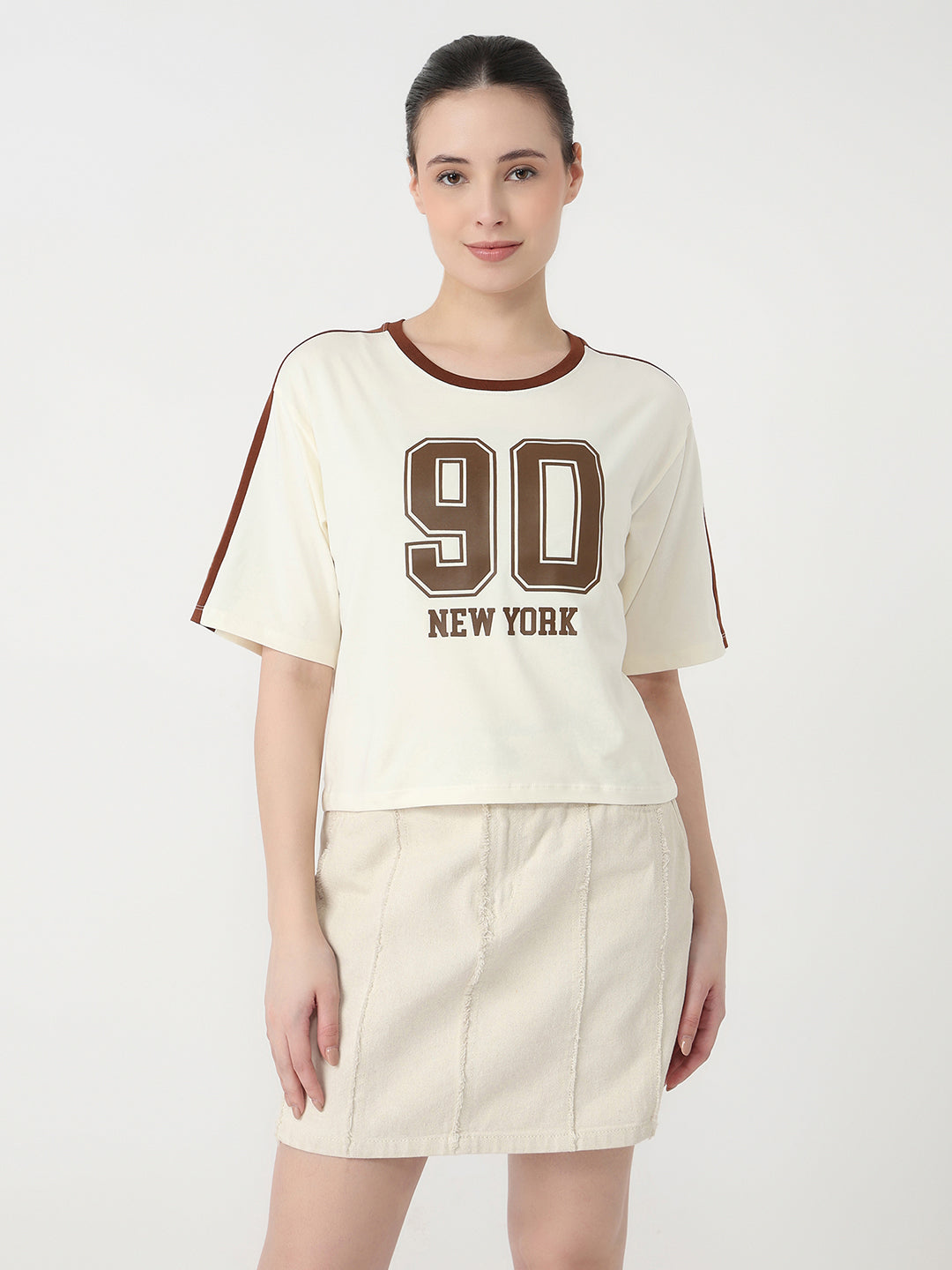 Women Ivory Slim Fit Graphic Crop T-Shirt