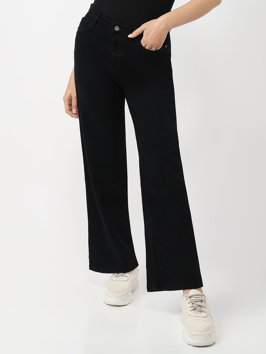 Women Black High-Rise Wide Leg Jeans