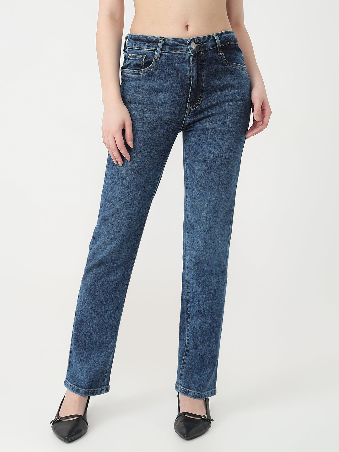 Women Blue High-Rise Slim Straight Jeans