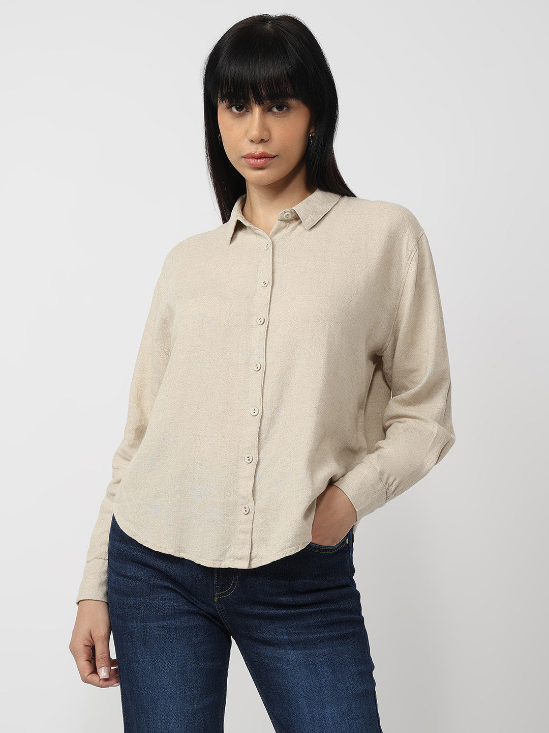 Women Dark Natural Slim Fit Oversized Shirt