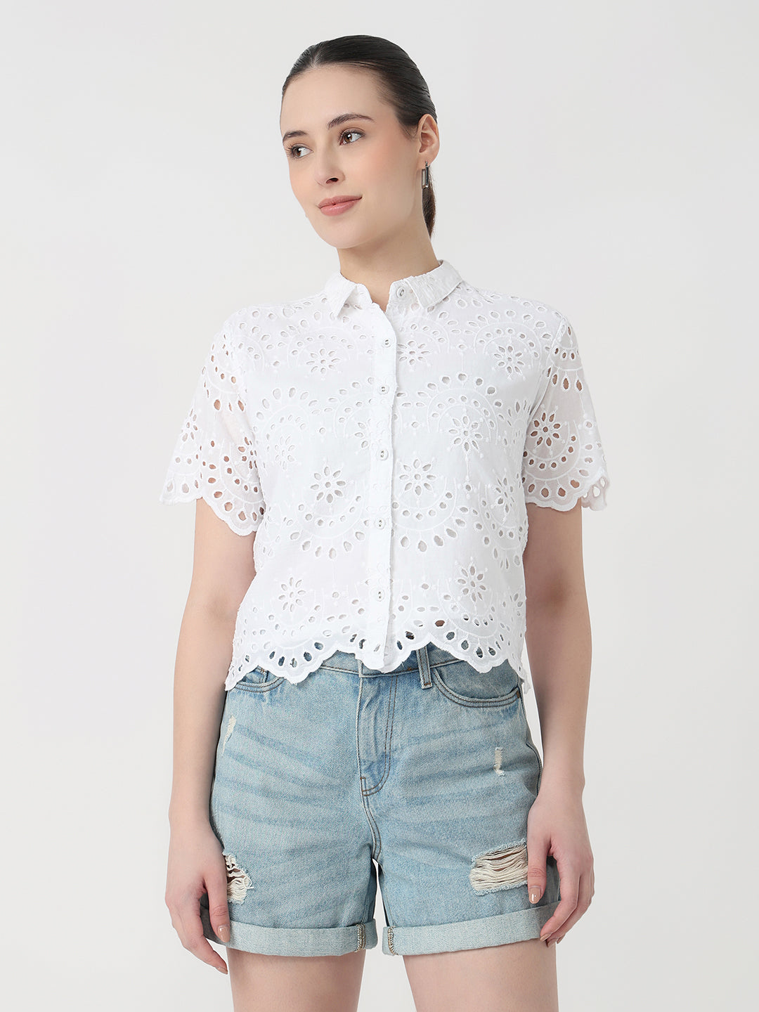 Women White Slim Fit Crop Shirt