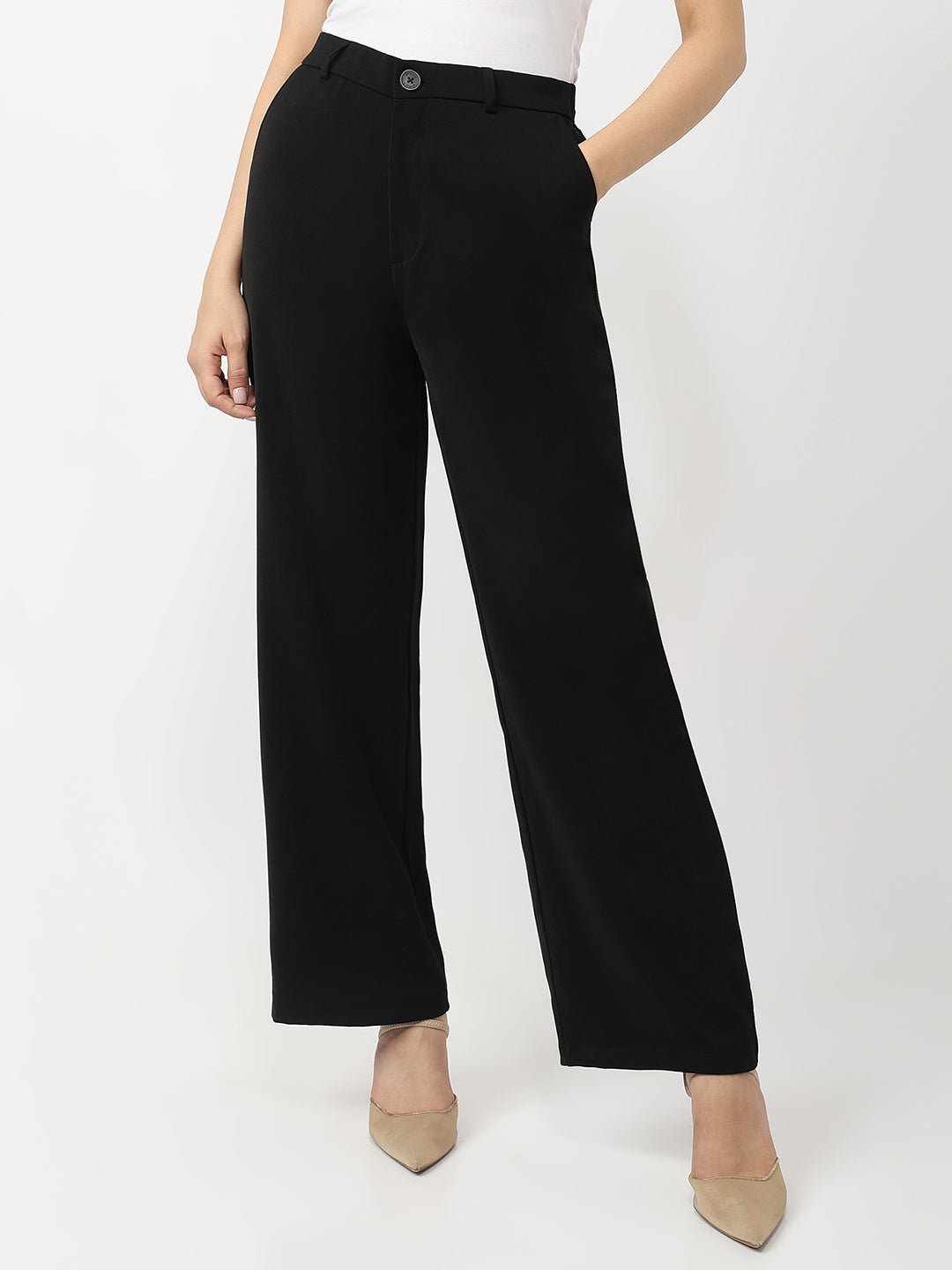 Women Black Mid-Rise Wide Leg Korean Pants