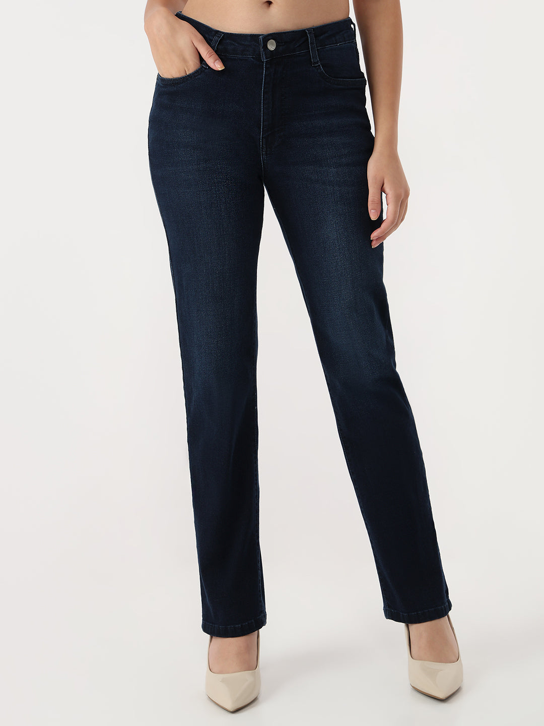 Women Dark Blue High-Rise Slim Straight Jeans