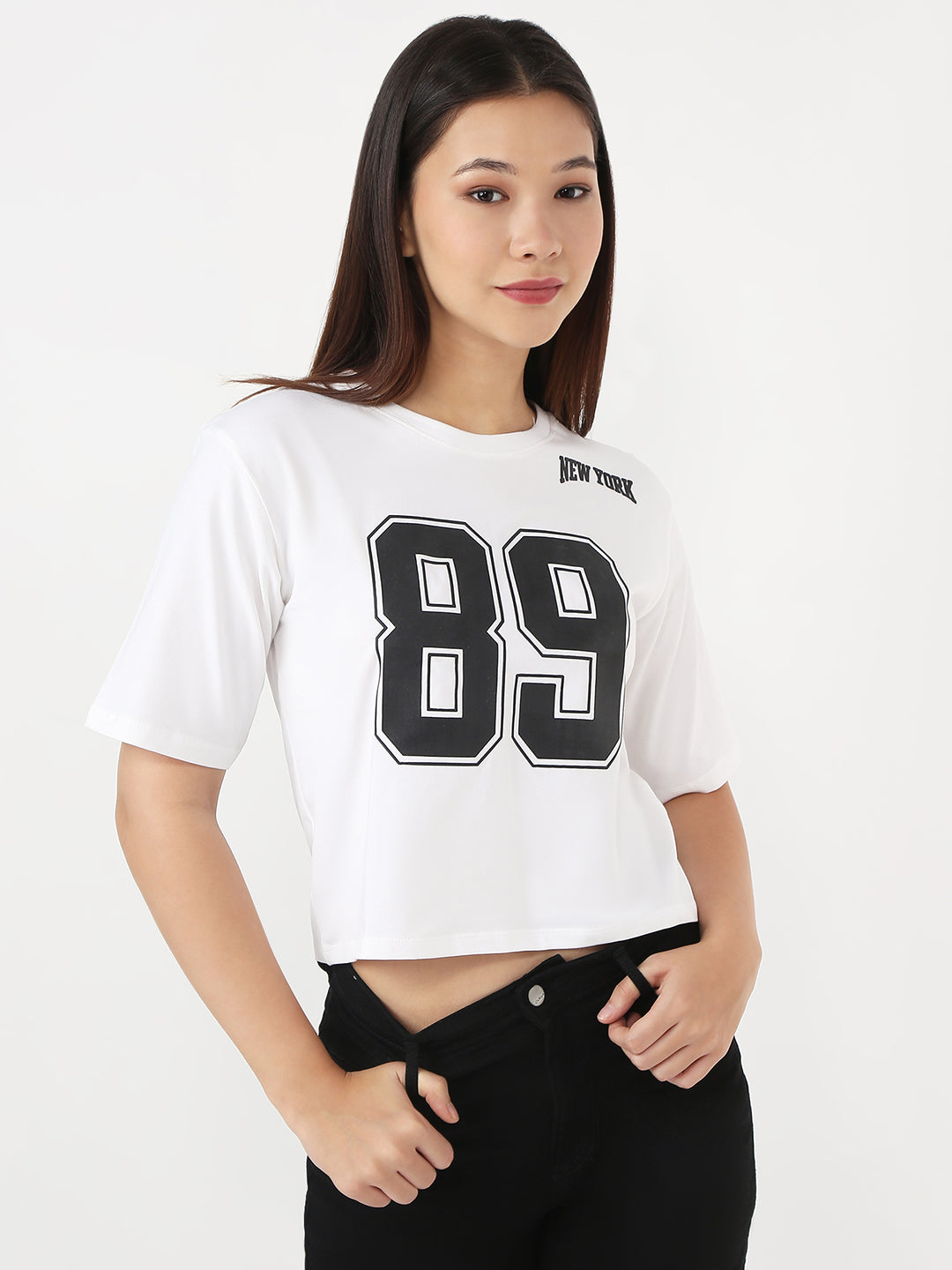 Women White Slim Crop Graphic T-Shirt