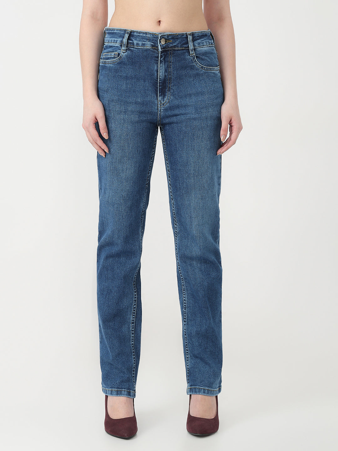 Women Blue High-Rise Slim Straight Jeans
