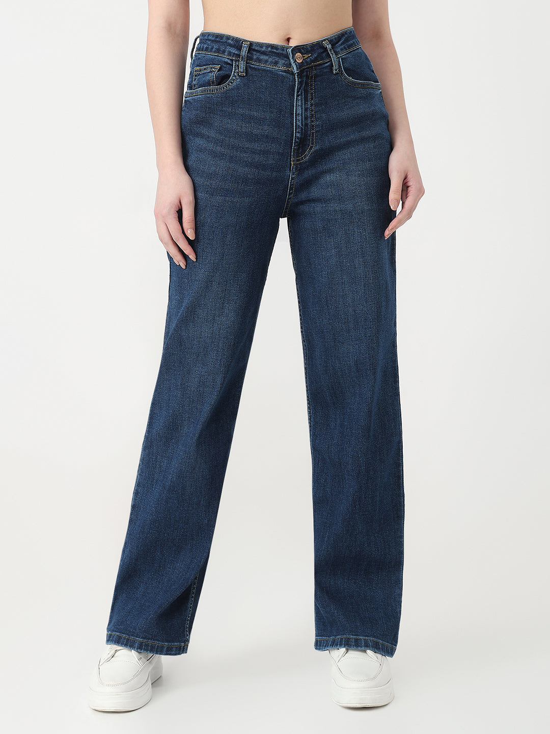 Women Dark Blue High-Rise Straight Jeans