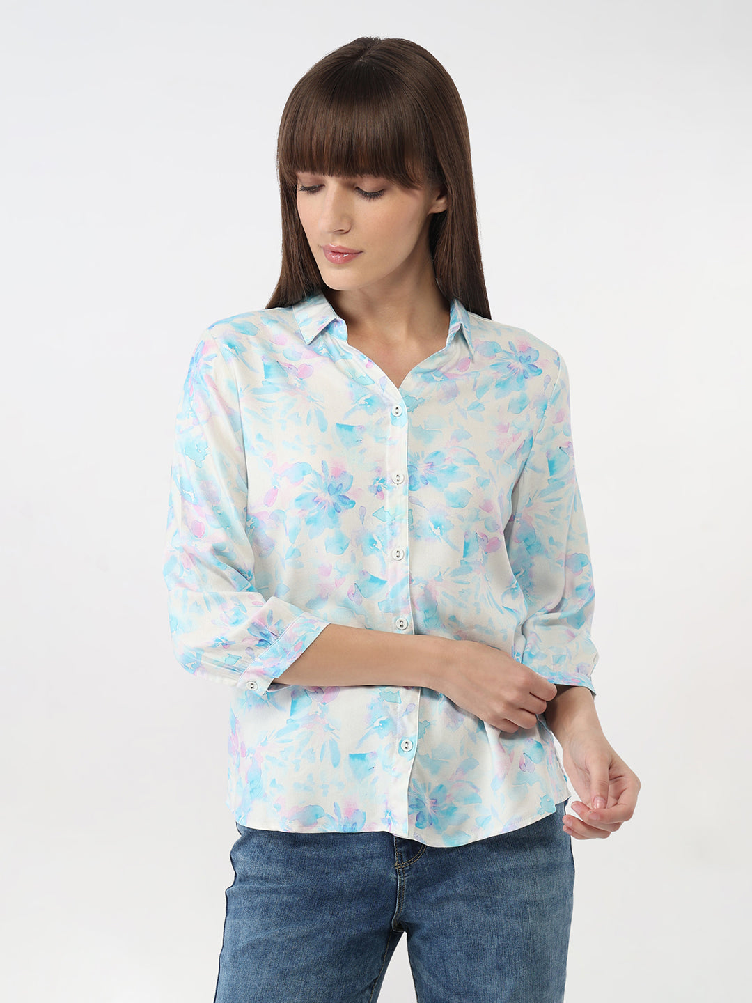 Women Blue Floral Slim Shirt