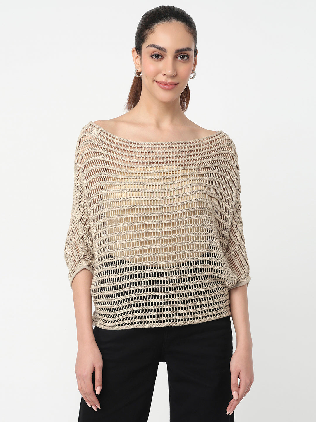 Women Champagne Slim Fit Batsleeve Top