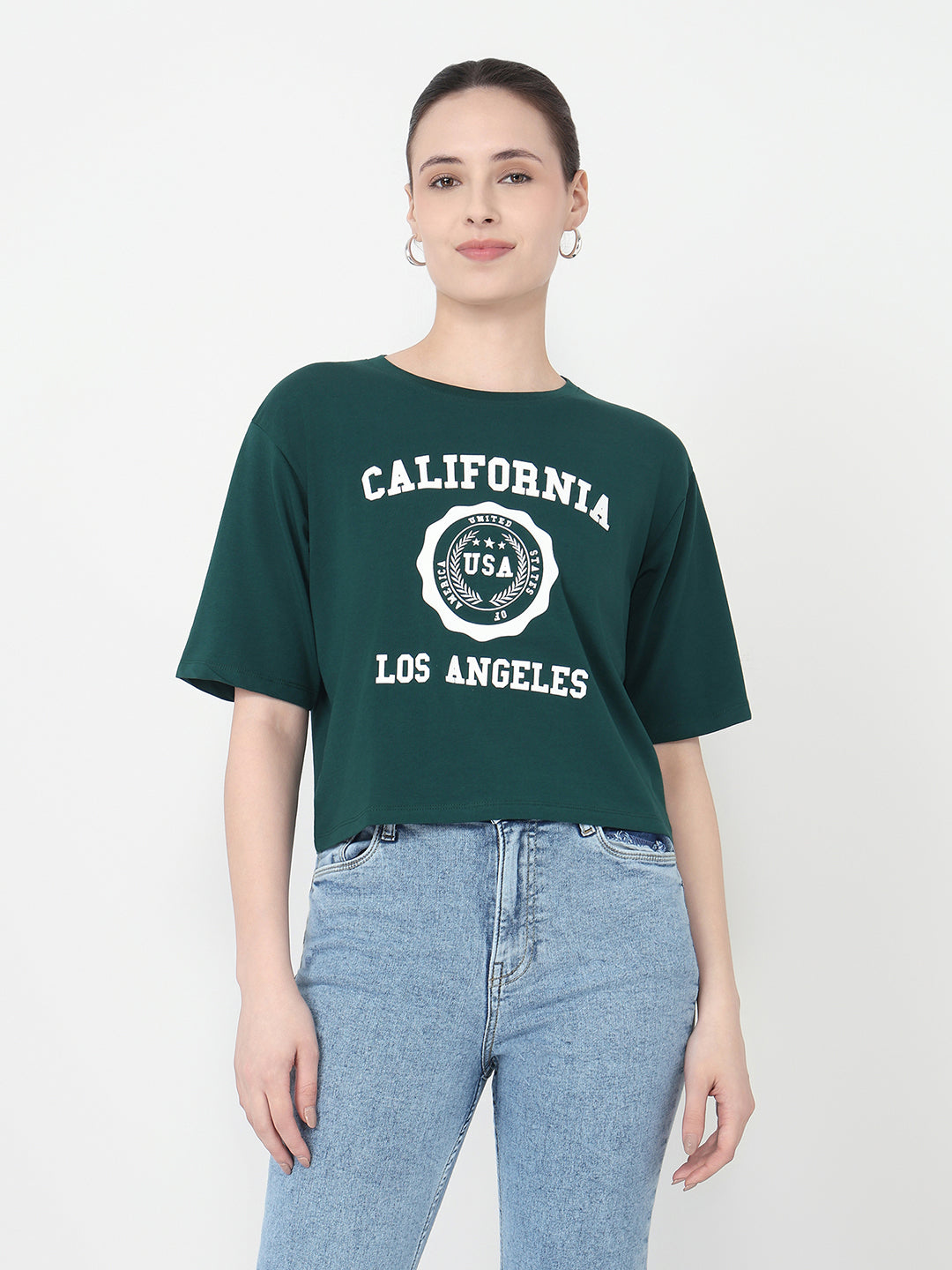 Women Bottle Green Slim Fit Graphic Crop T-Shirt