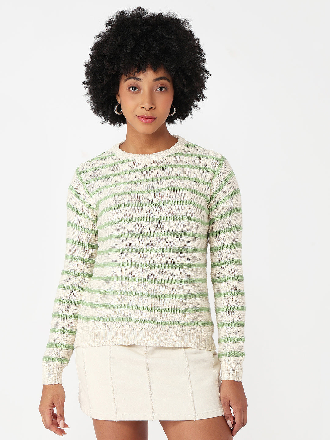 Women Off White/Green Slim Fit Sweater
