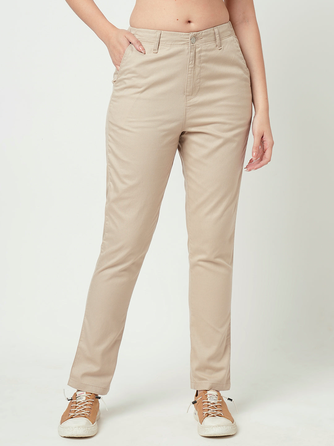 Women Oatmilk Mid-Rise Slim Fit Trousers