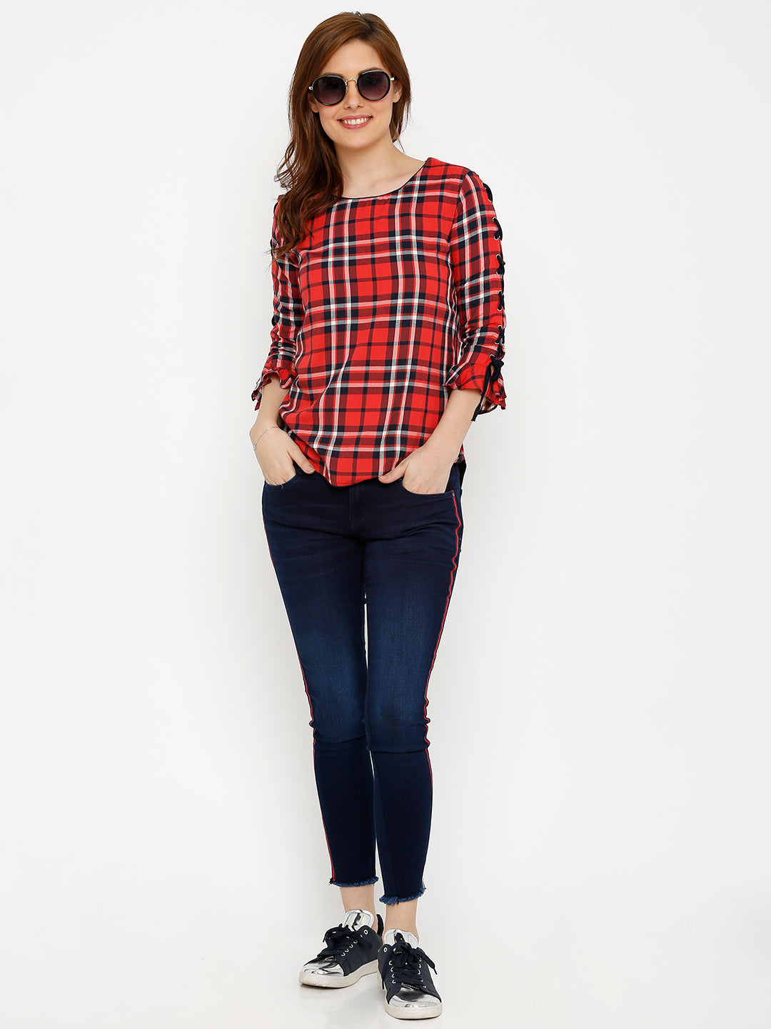 Women Red Checks Top