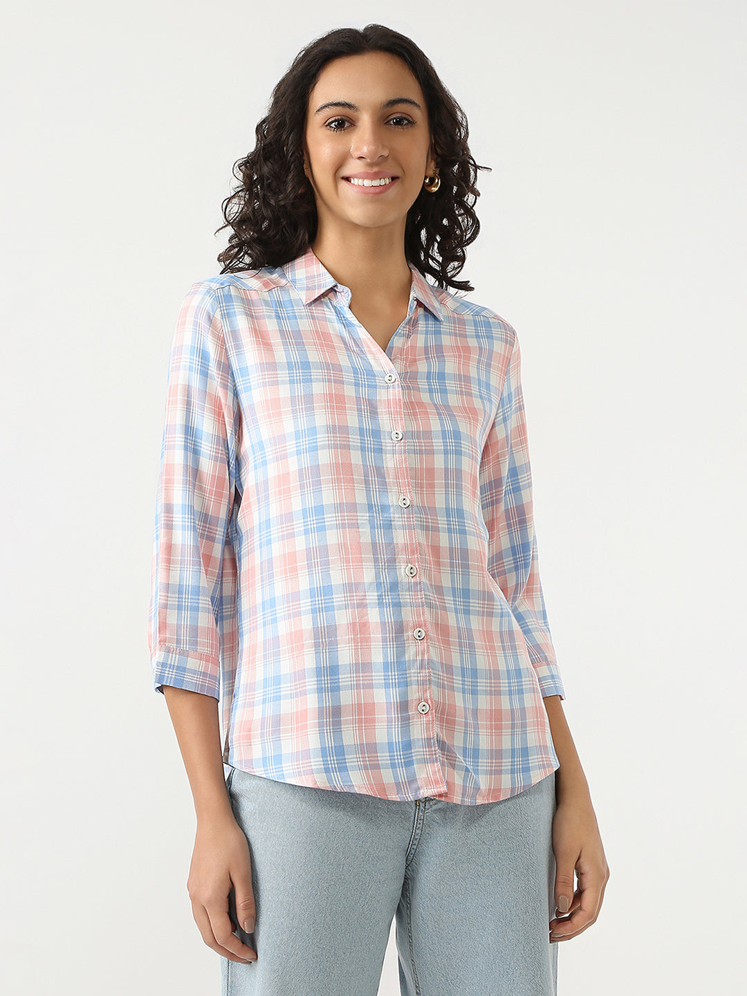 Women Peach/Blue Checks Shirt