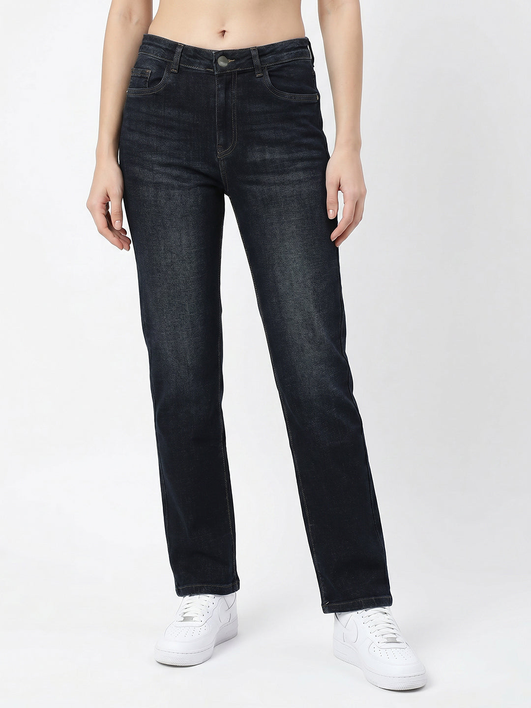Women Dark Blue High-Rise Slim Straight Fit Jeans