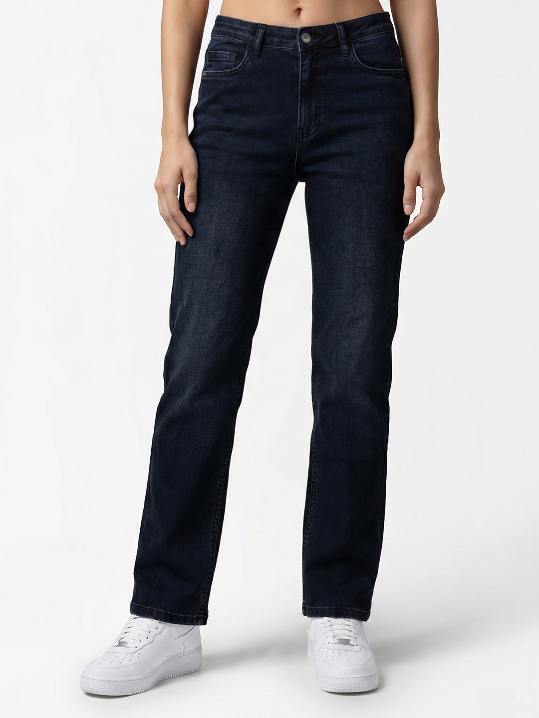 Women Dark Blue High-Rise Slim Straight Fit Jeans