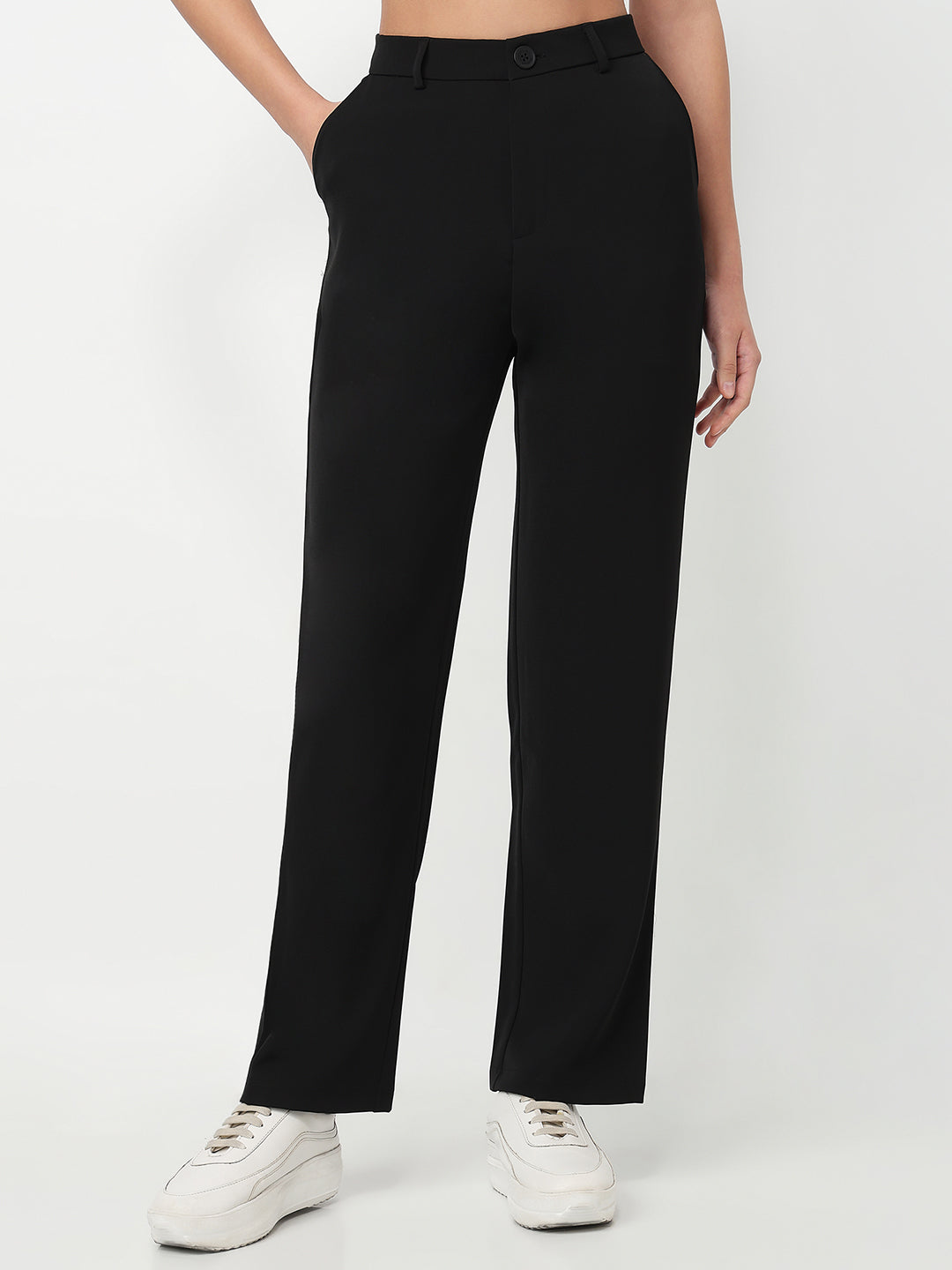 Women Black Mid-Rise Straight Fit Korean Pants