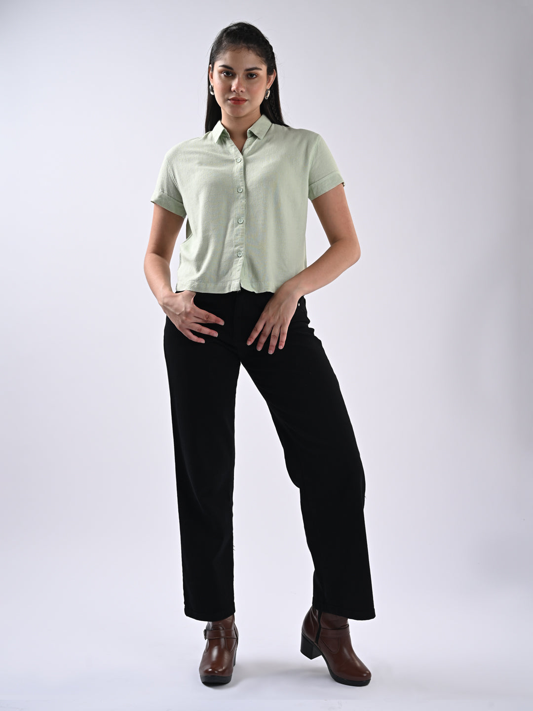 Women Solid Slim Fit Mint Shirt