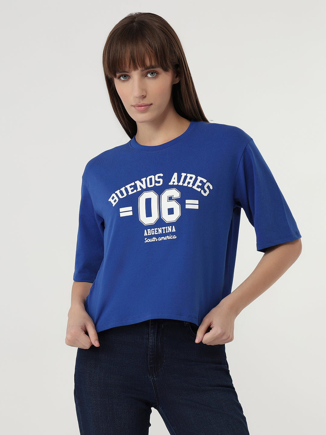 Women Electric Blue Slim Fit Graphic Crop T-Shirt