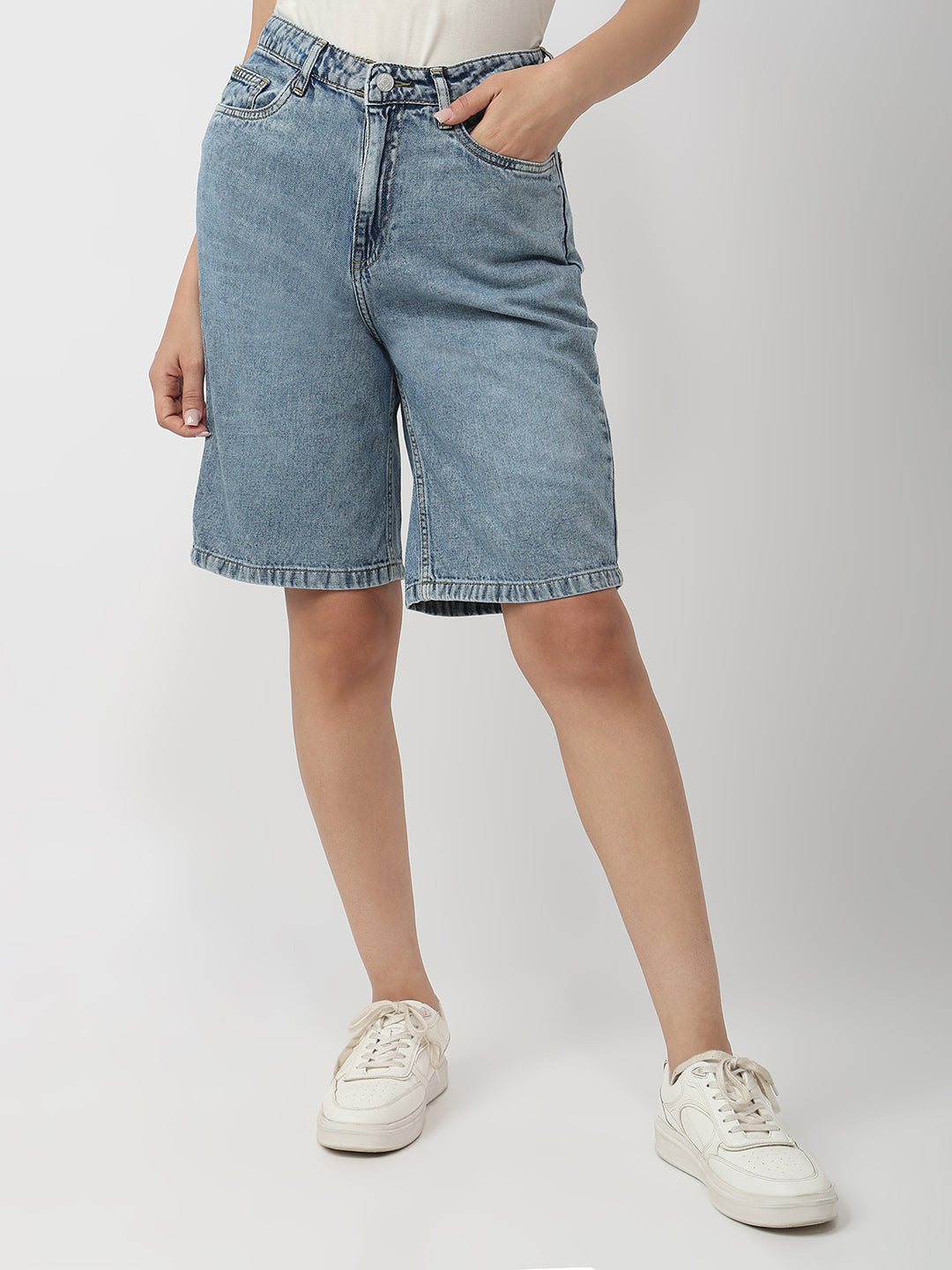 Women Blue High-Rise Baggy Shorts