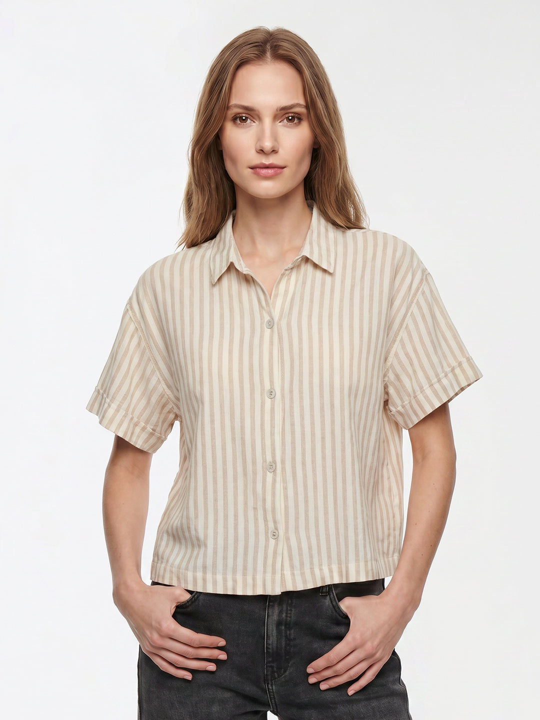 Women Beige/Off White Crop Shirt