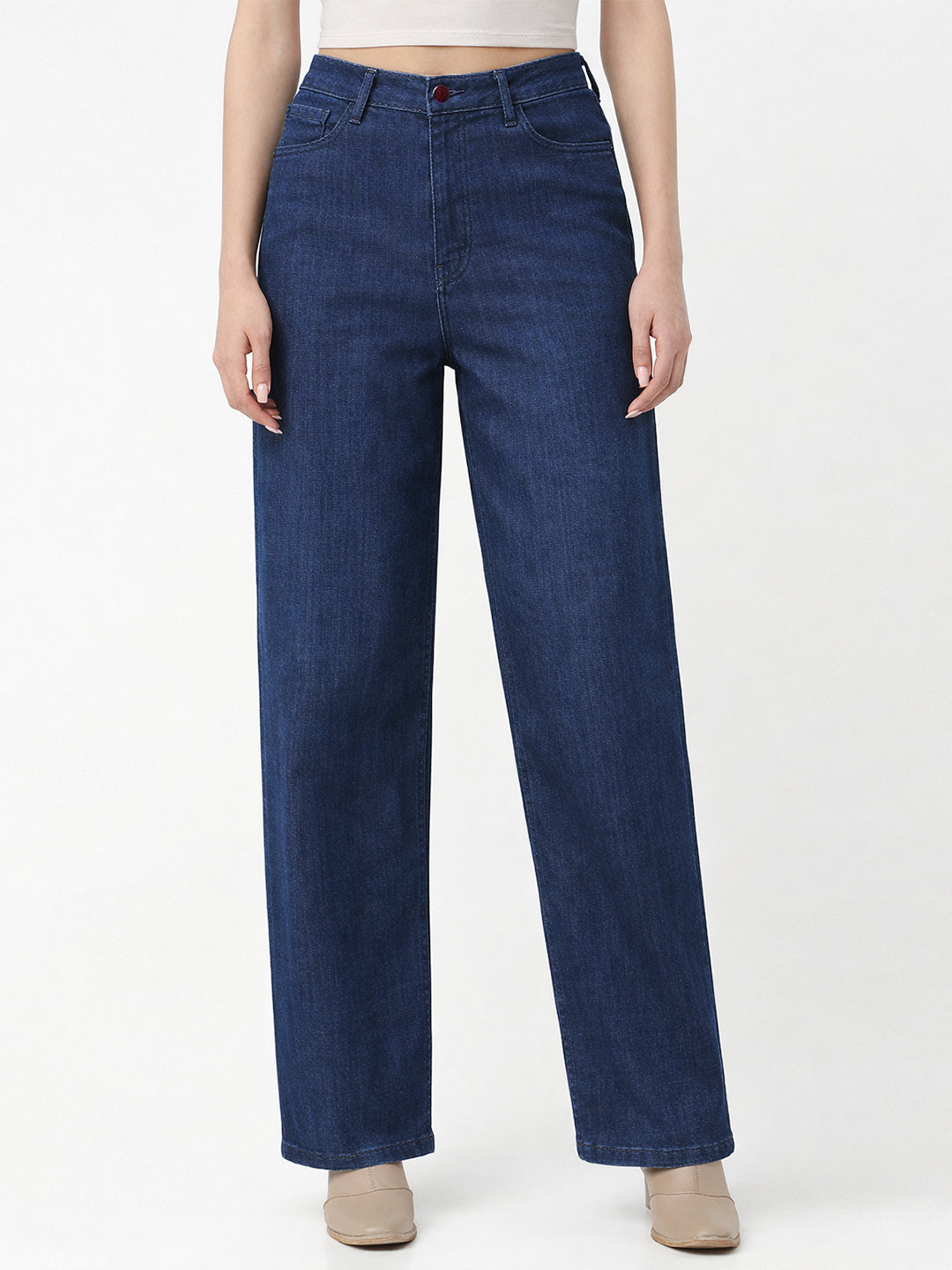 Women Dark Blue High-Rise Baggy Jeans