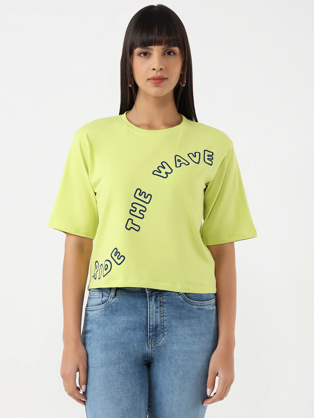 Women Lime Slim Crop Graphic T-Shirt