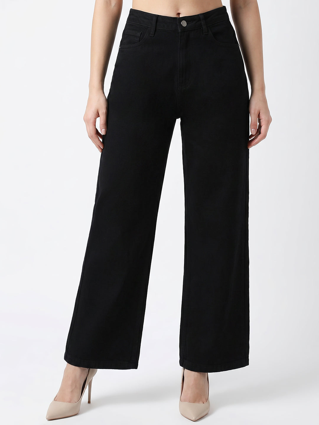 Women Black High-Rise Crop Wide Leg Jeans