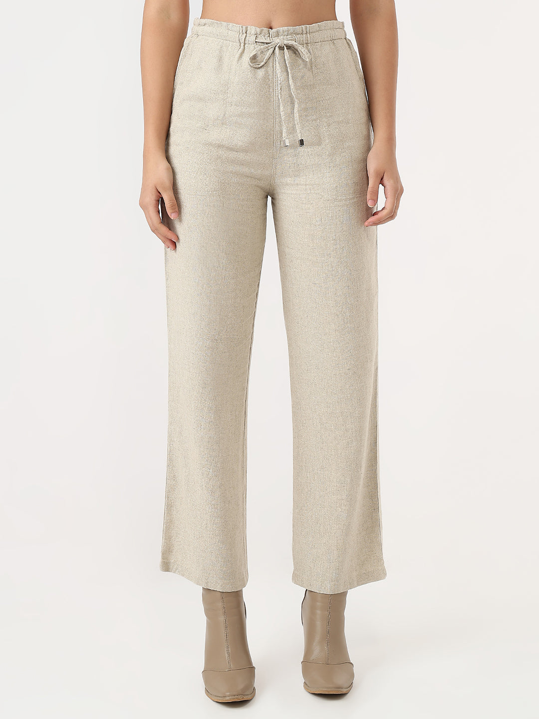 Women Dark Natural Loose Straight Paper Bag Pants